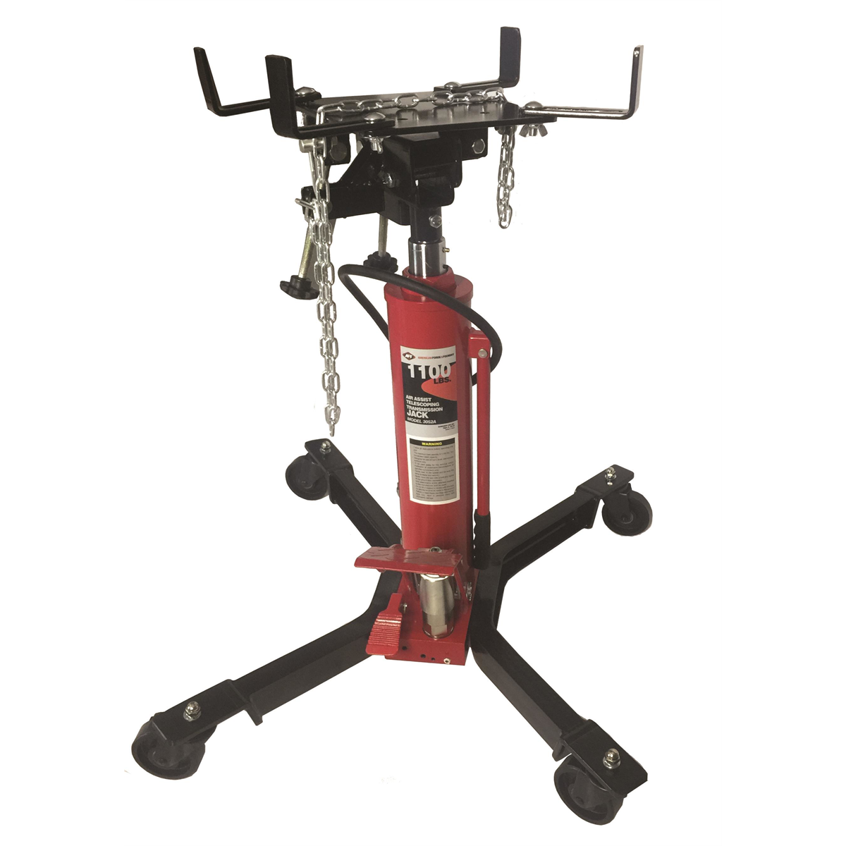 American Forge & Foundry Transmission Jack - Hydraulic - Telescopic - Two Stage - 1,100 Lbs. Capacity - 37" Min H to 78" High H - Manual Foot Pedal / Air Assist - Double Pump Quick Lift
