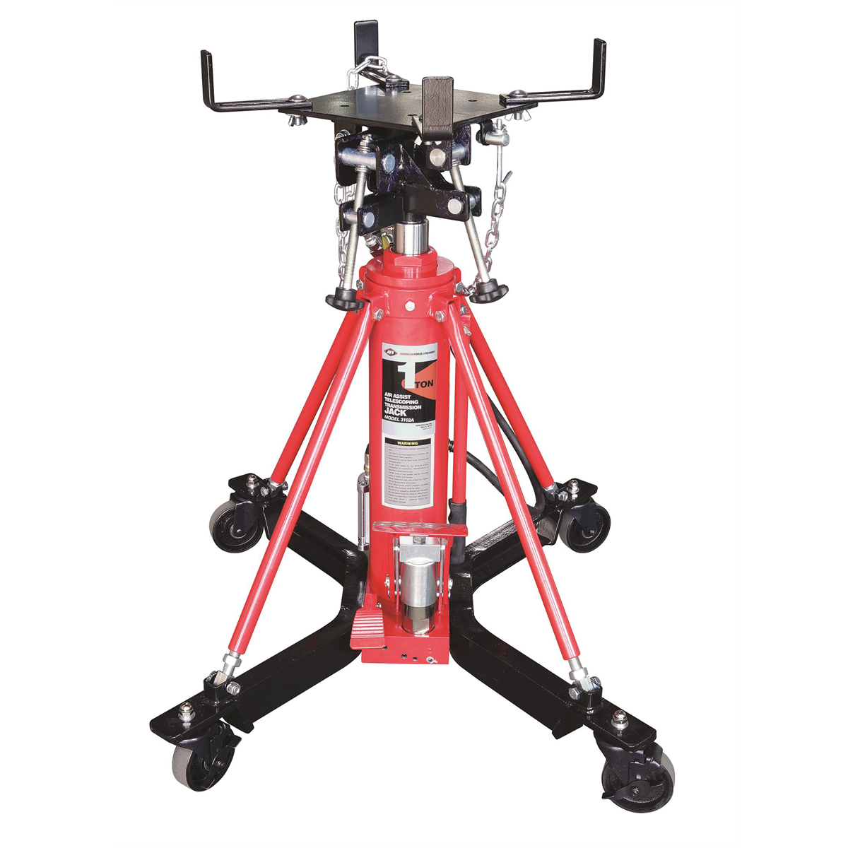 American Forge & Foundry Transmission Jack - Hydraulic - Telescopic - Two Stage - 2,000 Lbs. Capacity - 37" Min H to 76" High H - Manual Foot Pedal / Air Assist - Double Pump Quick Lift
