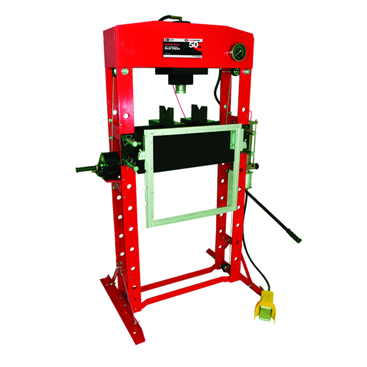 American Forge & Foundry Shop Press - 50 Ton Capacity - Foot Operated Air Motor/Manual Pump W/ Hydraulic Ram - Built In Polycarbonate Press Guard - 10 pc Pin & Bearing Press Adapter Set Included - SUPER DUTY