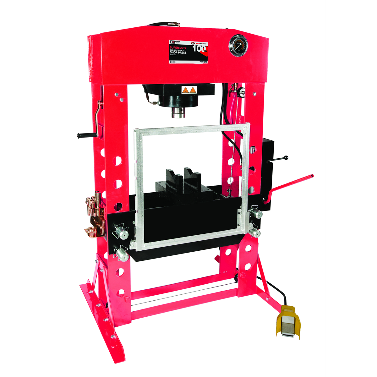 American Forge & Foundry Shop Press - 100 Ton Capacity - Foot Operated Air Motor/Manual Pump W/ Hydraulic Ram - Built In Polycarbonate Press Guard - 10 pc Pin & Bearing Press Adapter Set Included - SUPER DUTY