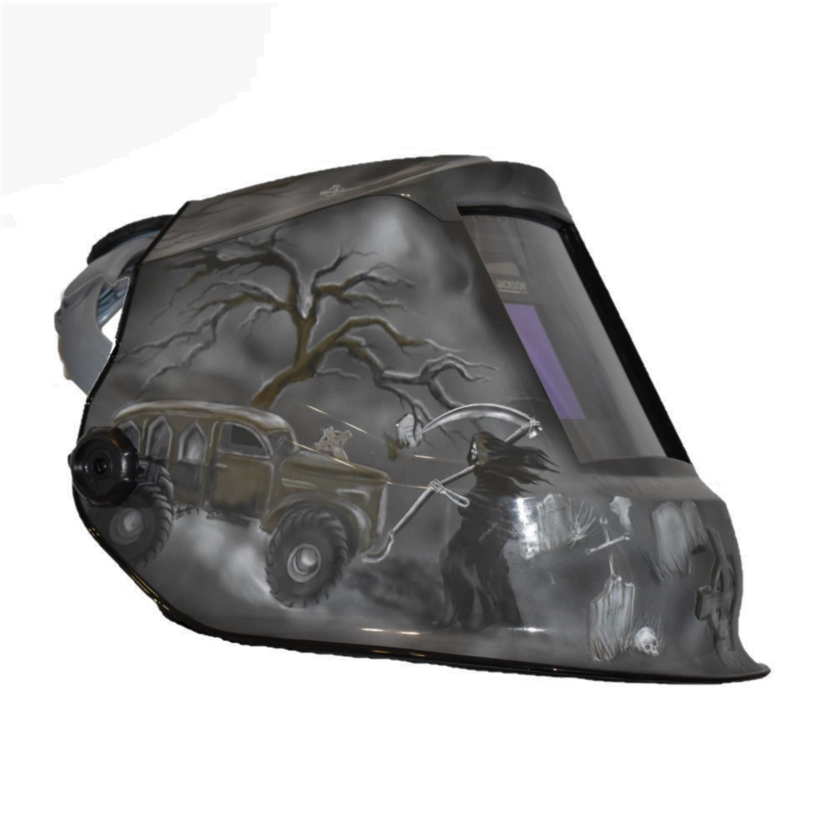 Jackson Safety Welding Helmet - Auto Darkening - Nylon - 3.94" x 2.36" Viewing Area - Shade 10 Fixed ADF 1/1/1/1 - 370 Speed Dial Headgear - 6 Feet Under Graphics