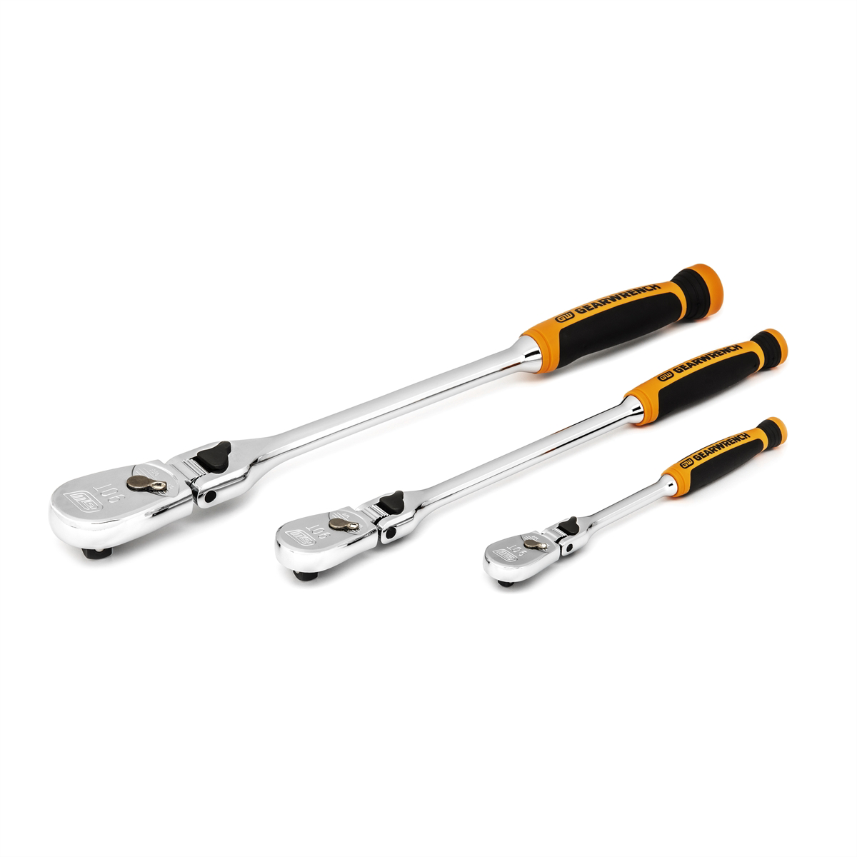 GearWrench 3 Piece 1/4 Inch, 3/8 Inch & 1/2 Inch Drive 90-Tooth Dual Material Locking Flex Head Ratchet Set