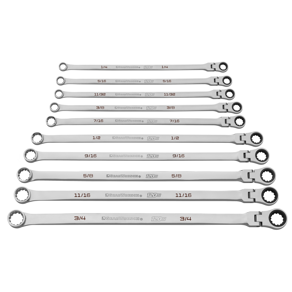 GearWrench 10 Piece 120XP Universal Spline XL Flex Head GearBox Ratcheting SAE Wrench Set