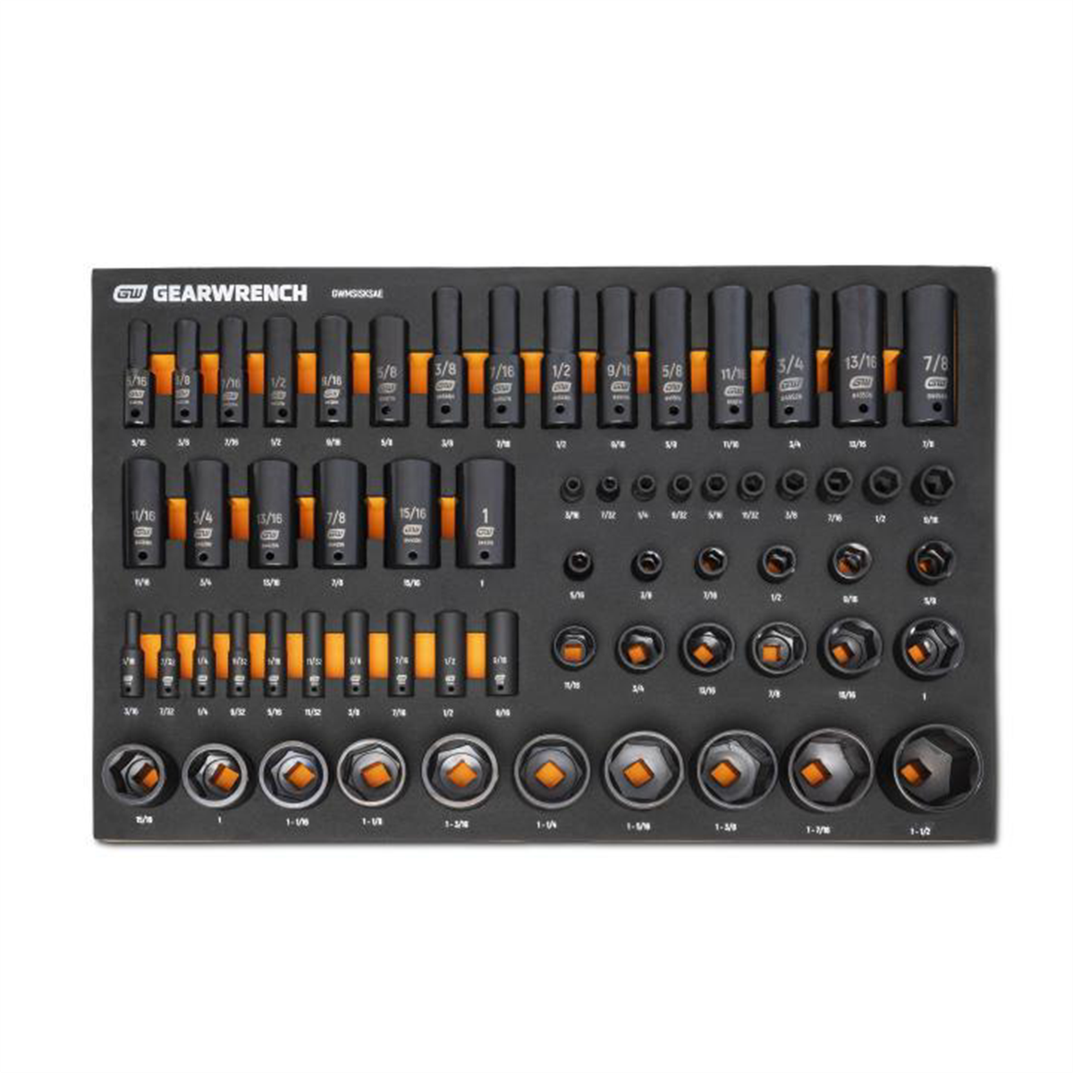 GearWrench 63 Piece 1/4", 3/8", 1/2" Drive 6 Point SAE Impact Socket Set in Foam Storage Tray