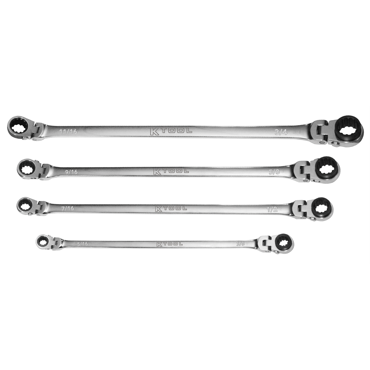K Tool International Wrench Set 4 Piece Double Box Reversible Ratcheting SAE Universal Spline 90 Tooth
