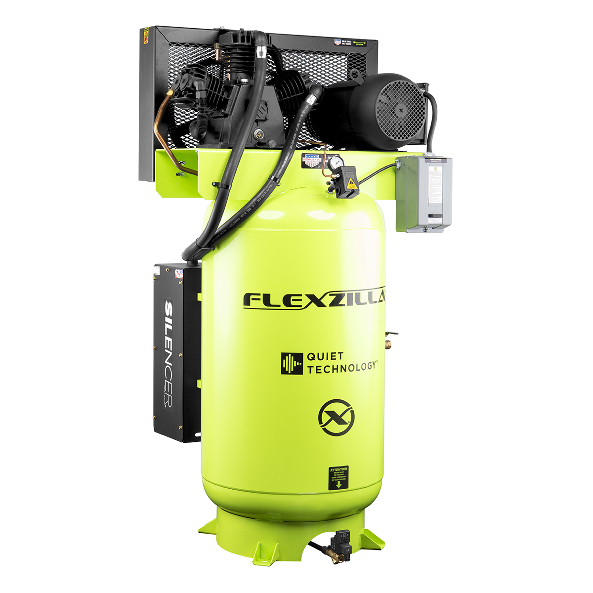 Legacy Manufacturing Flexzilla® Air Compressor with Silencer™, Stationary, Splash Lubricated, 5 HP, 80 Gallon, 230 Volt, 1-Phase, 2-Stage, Vertical, ZillaGreen™