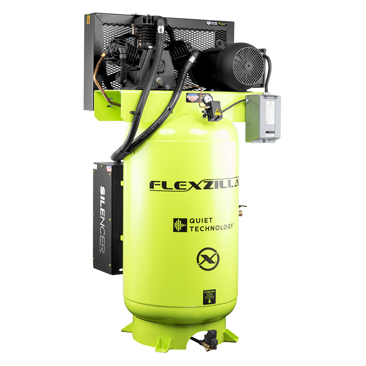 Legacy Manufacturing Flexzilla® Air Compressor with Silencer™, Stationary, Splash Lubricated, 7.5 HP, 80 Gallon, 230 Volt, 1-Phase, 2-Stage, Vertical, ZillaGreen™