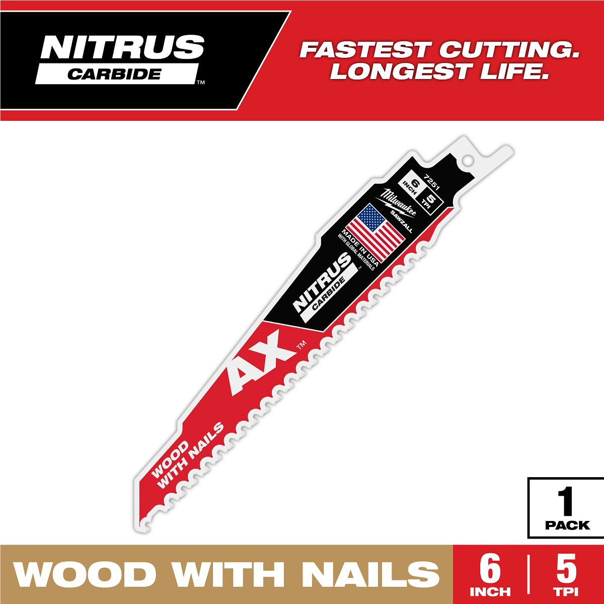 Milwaukee 6" 5 TPI AX™ w/NITRUS™ Carbide Teeth SAWZALL® Blade for Wood with Nails