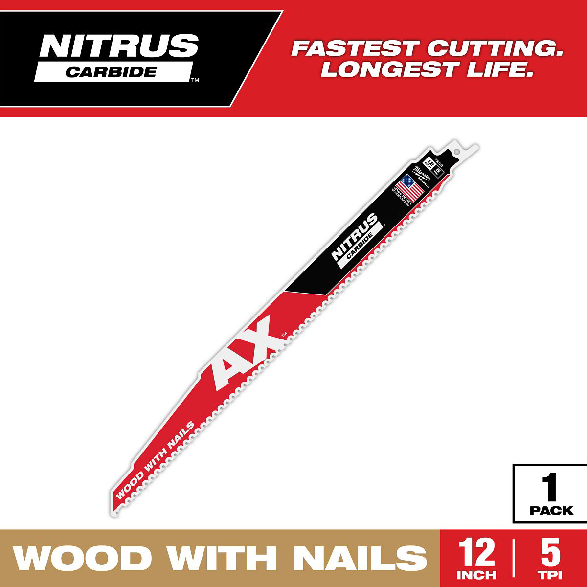 Milwaukee 12" 5 TPI AX™ w/NITRUS™ Carbide Teeth SAWZALL® Blade for Wood with Nails