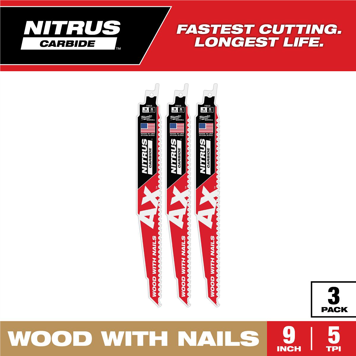Milwaukee 9" 5 TPI AX™ w/NITRUS™ Carbide Teeth SAWZALL® Blade for Wood with Nails 3PK
