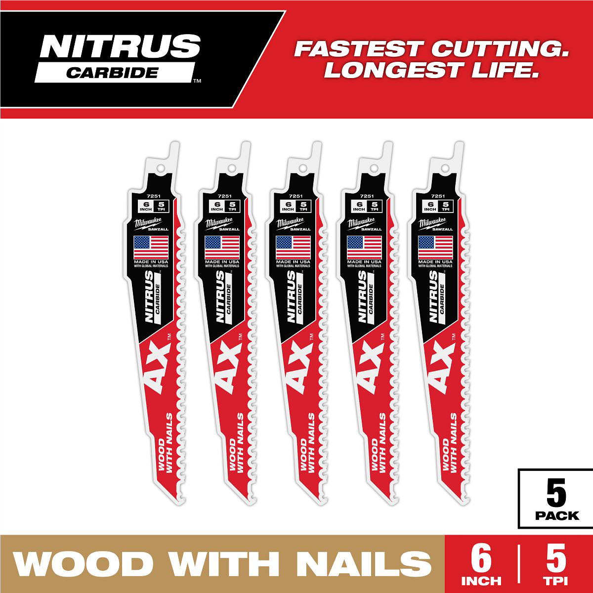 Milwaukee 6" 5 TPI AX™ w/NITRUS™ Carbide Teeth SAWZALL® Blade for Wood with Nails 5PK