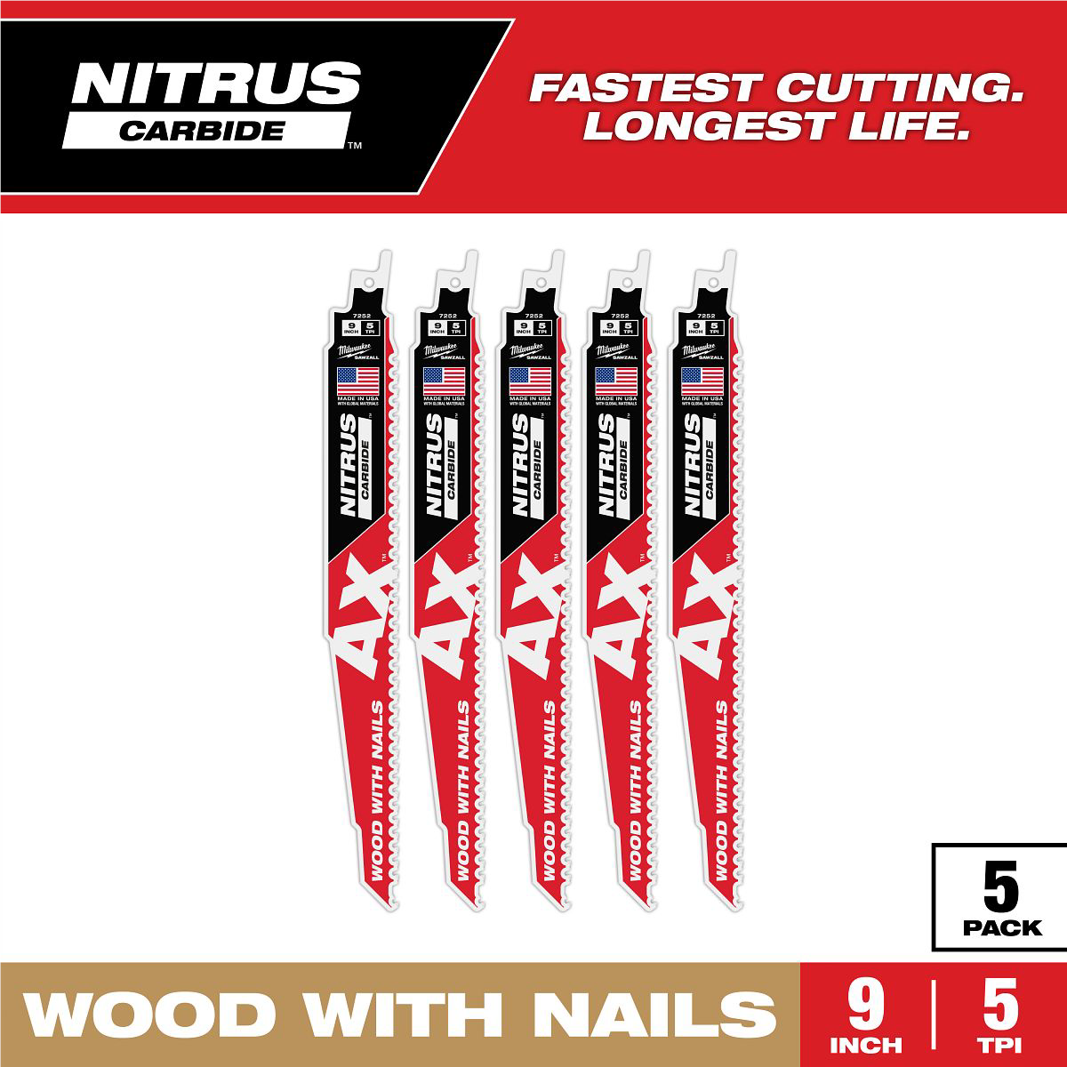 Milwaukee 9" 5 TPI AX™ w/NITRUS™ Carbide Teeth SAWZALL® Blade for Wood with Nails 5PK