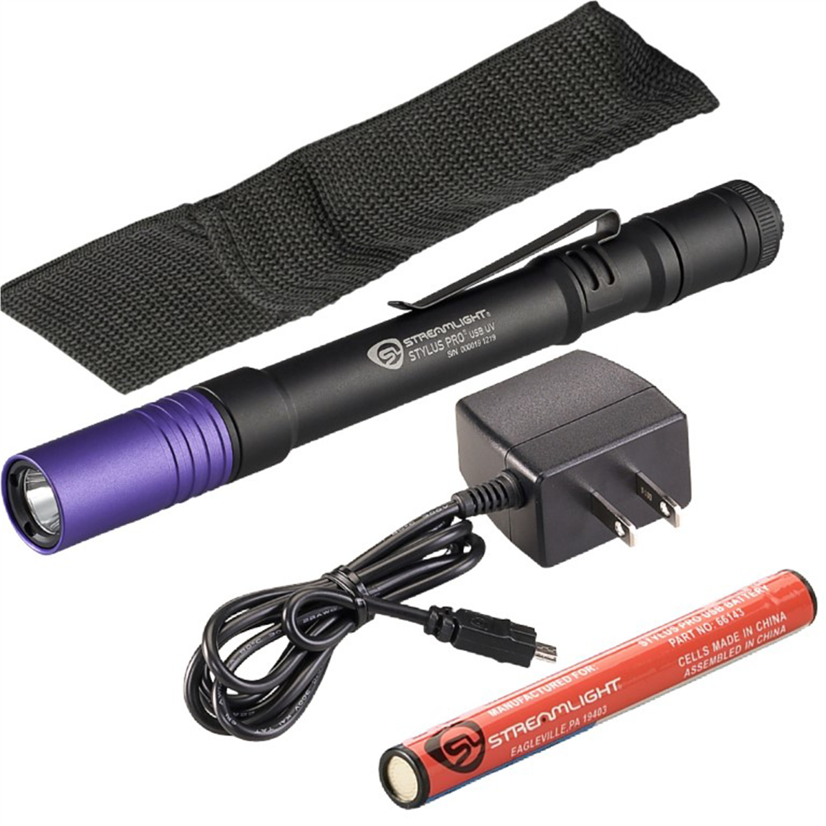 Streamlight Stylus Pro USB UV 400 Nanometer Ultraviolt LED Penlight with 120V AC Charge Cord - Black