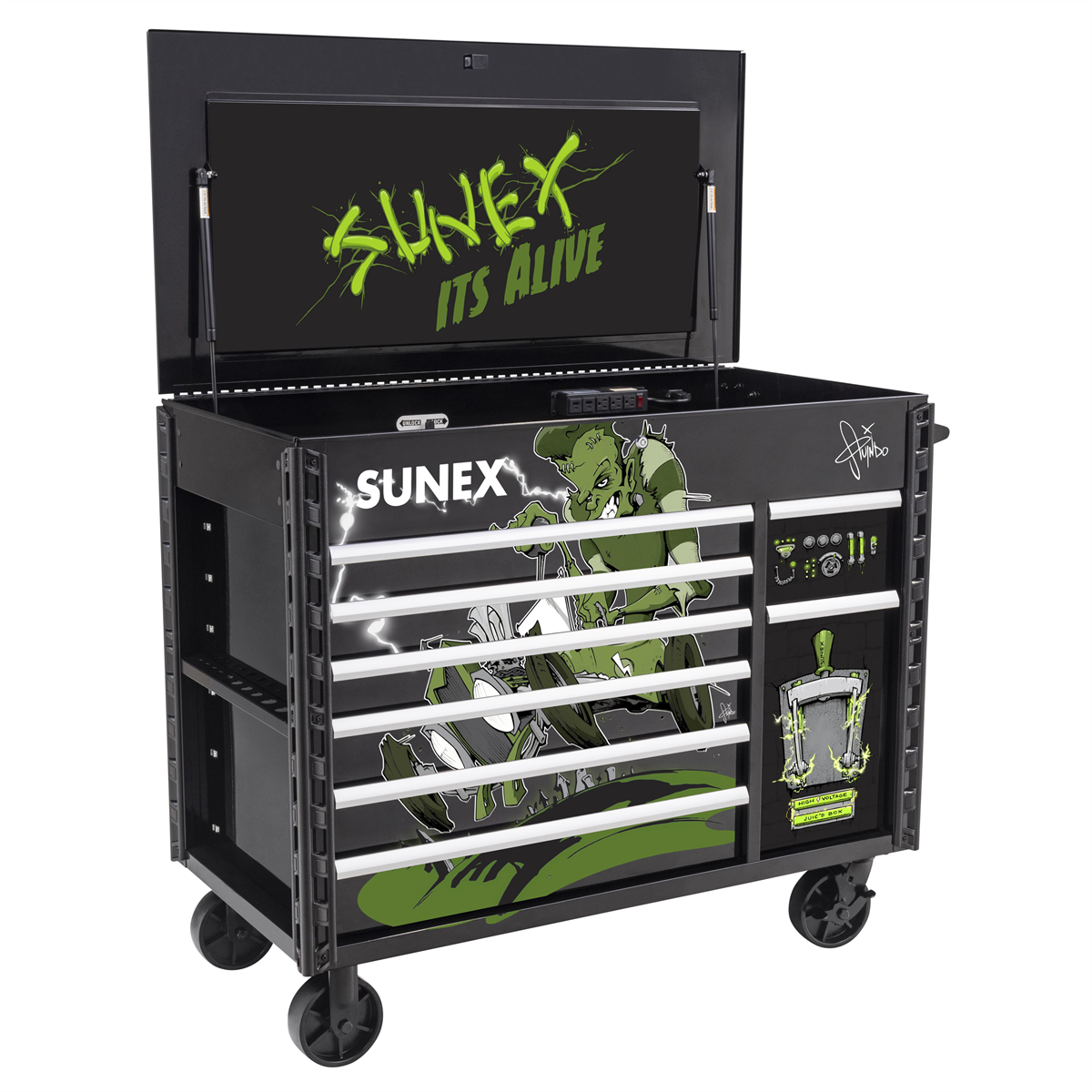 SUNEX 50 Inch 7 Drawer Power Cart with Dedicated Power Tool Storage and Power - Tony Squindo Its Alive Design - Black