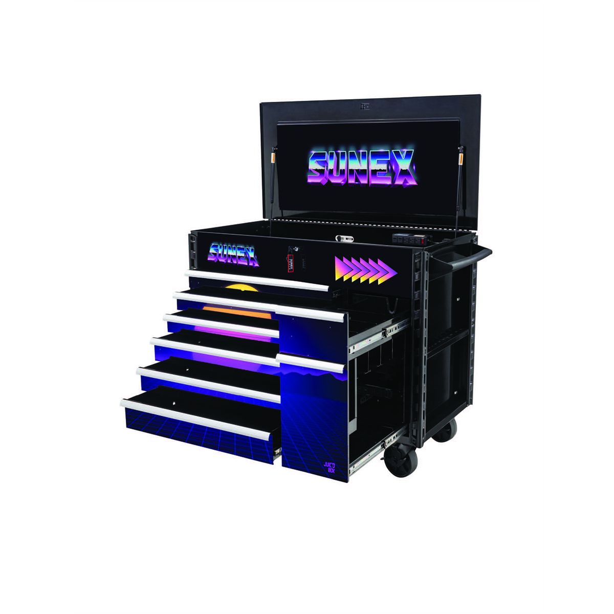 SUNEX 50 Inch 7 Drawer Power Cart with Dedicated Power Tool Storage and Power - 80s Retro