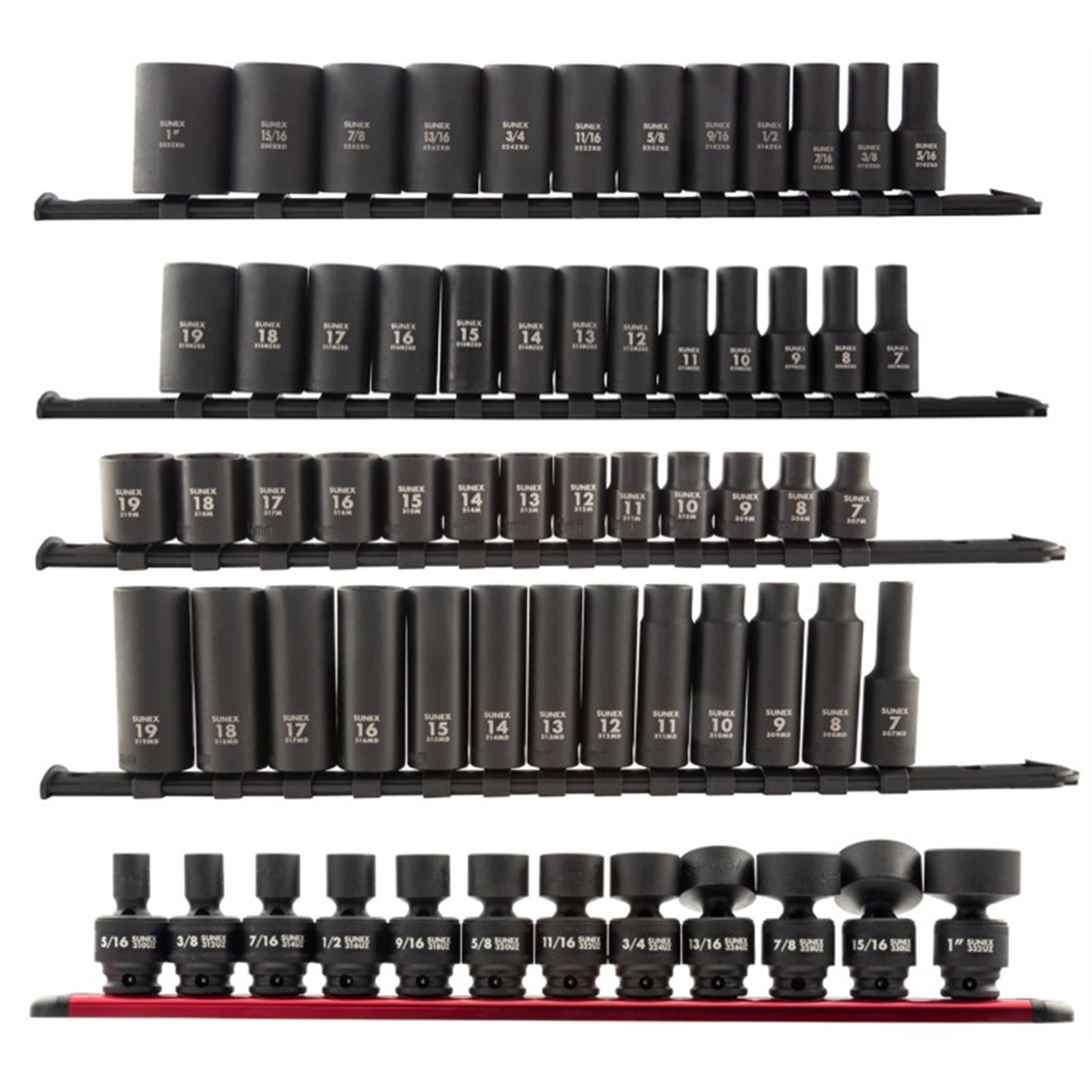 SUNEX TOOLS 63 Piece 3/8” Dr. Impact Socket Rails