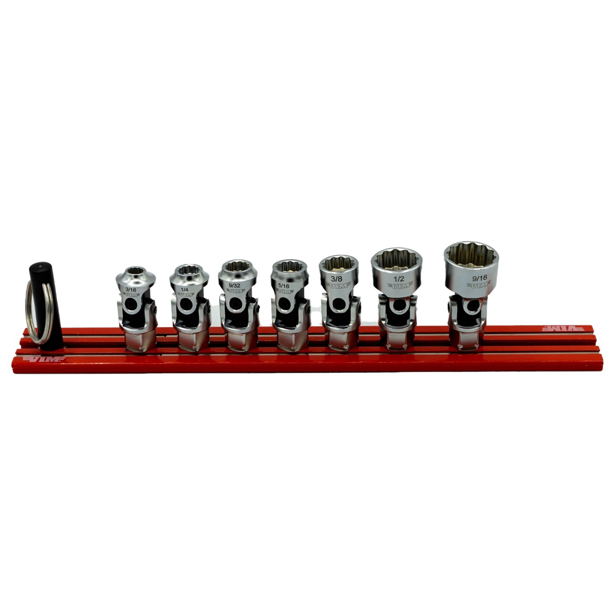 VIM Tools 7 Piece 12 Point Dual Drive Stubby UJ SAE Socket Set - 1/4 Inch X 11 mm Drive - Red Magrail